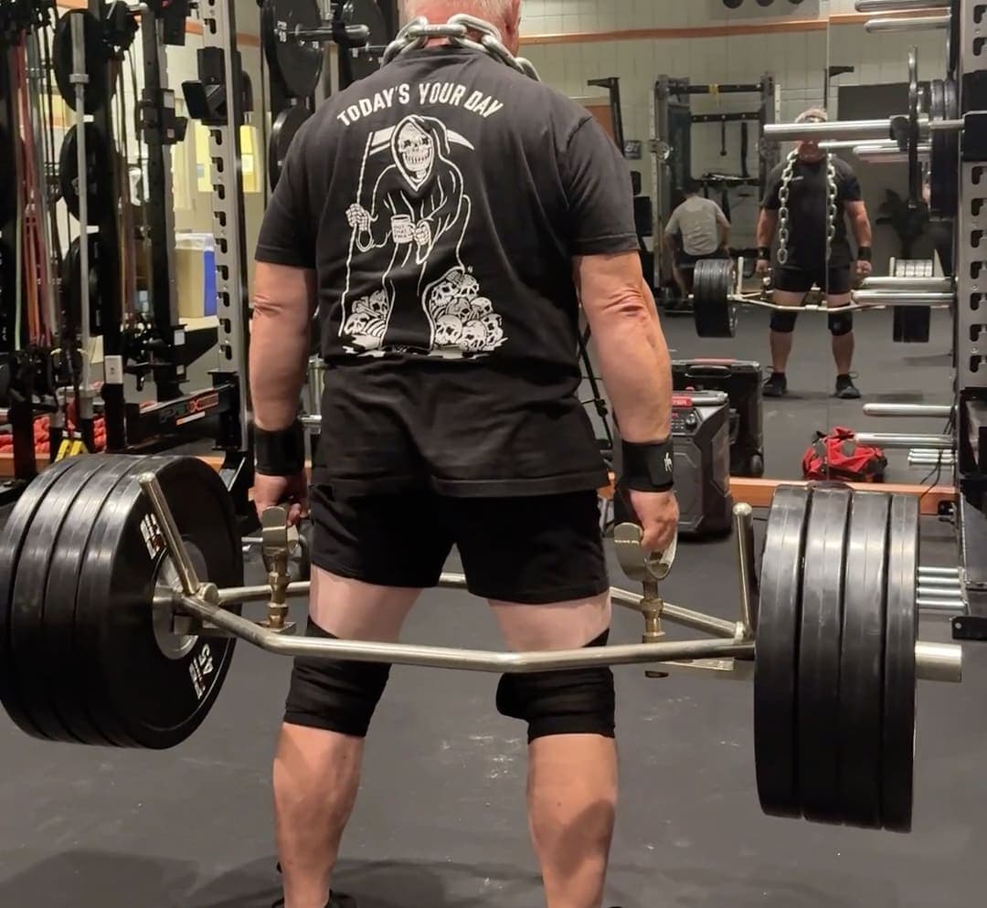 The founder pulling a heavy trap-bar deadlift at The Shred Shed